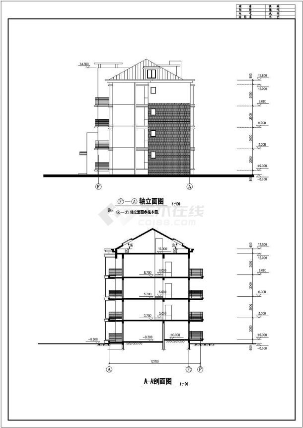 1000平米4+1层砖混结构住宅楼建筑设计CAD图纸（含阁楼/1层2户）-图一