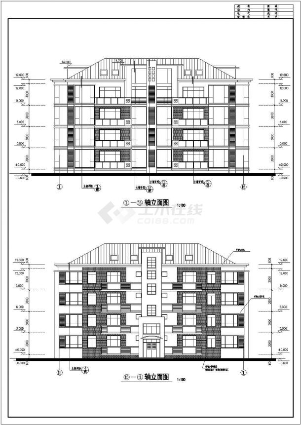 1000平米4+1层砖混结构住宅楼建筑设计CAD图纸（含阁楼/1层2户）-图二