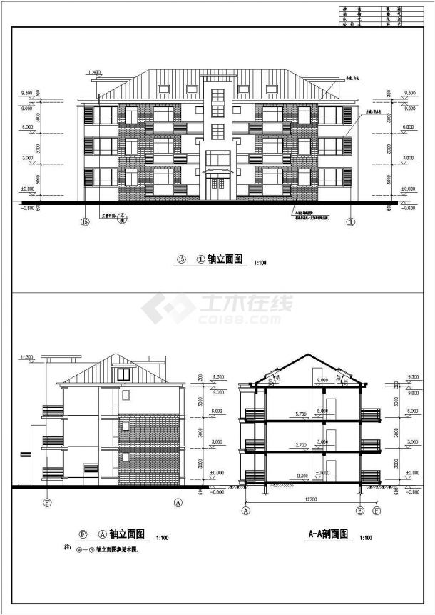 820平米3+1层混合结构住宅楼建筑设计CAD图纸（带阁楼层）-图一