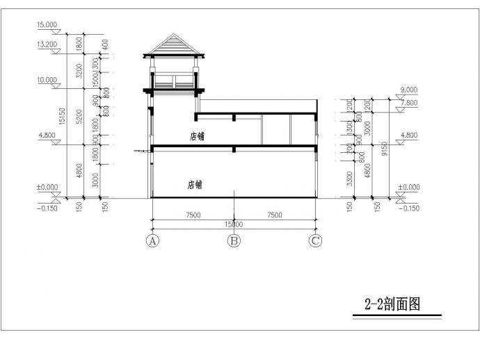 哈尔滨某商业街1800平米2层框架结构商业步行街立剖面设计CAD图纸_图1