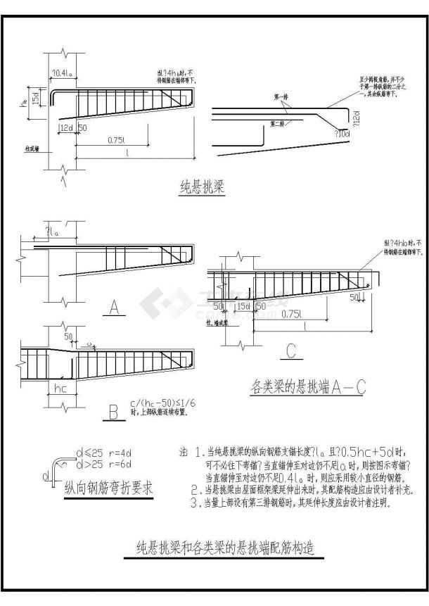 纯悬挑梁和各类梁的悬挑端配筋构造非常标准设计cad图纸-图二