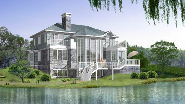 2层湖边坡地别墅建筑设计全套施工cad图，含效果图-图一