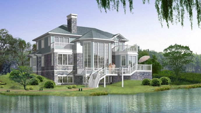 2层湖边坡地别墅建筑设计全套施工cad图，含效果图_图1