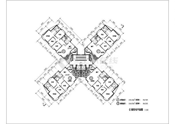 2楼梯2电梯4户：4室2厅 X型建筑cad图纸-图一