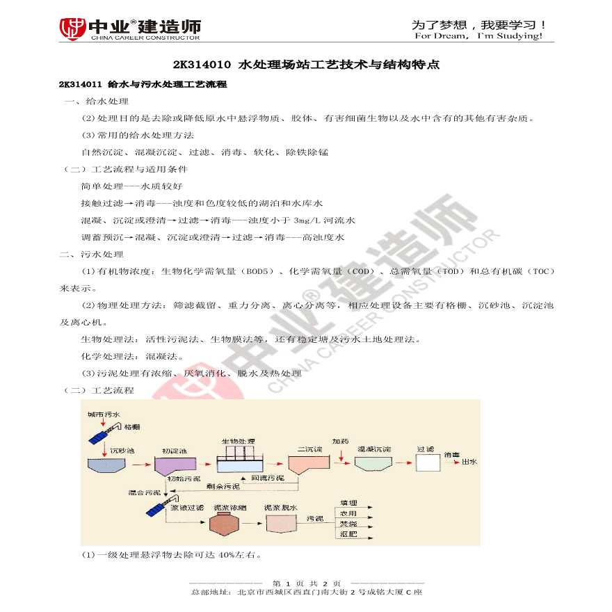 2020年市政2K314010 水处理场站工艺技术与结构特点讲义-图一