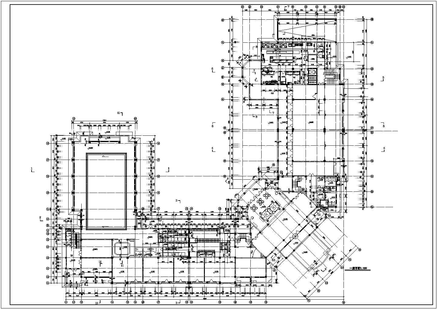 1.2万平米3层框架结构休闲商业中心平面设计CAD图纸（含地下层）