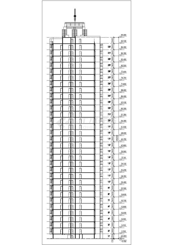 北京某小区32层剪力墙结构住宅楼平立剖面设计CAD图纸（不含车库层）-图二