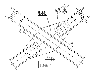 某支撑斜杆件为双槽钢组合截面与单节点板的连接节点构造设计cad图纸-图一