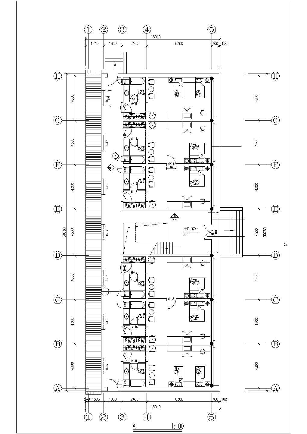 三亚市某文化街2层商务宾馆的客房层平面布置设计CAD图纸