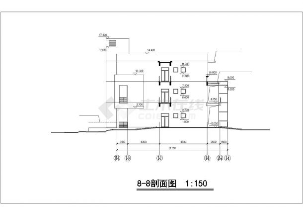 昆山市某商业街1.2万平米三层框架结构百货商场立剖面设计CAD图纸-图二