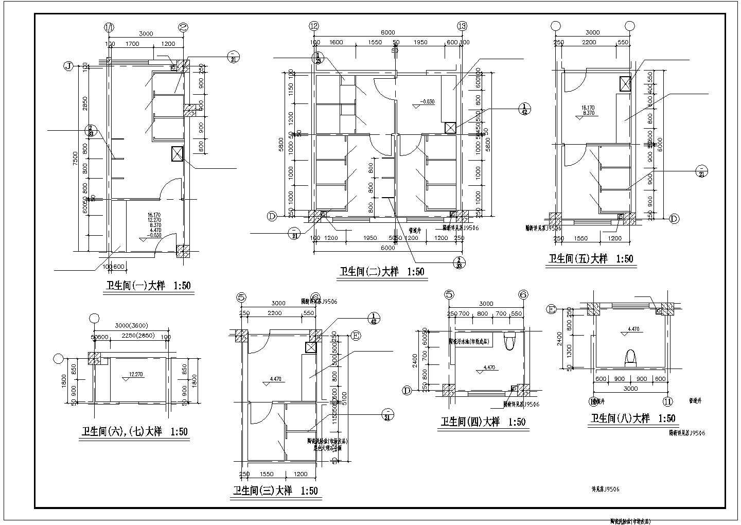 某商场楼梯、电梯、卫生间全套CAD设计图纸(含机房平面布置图)