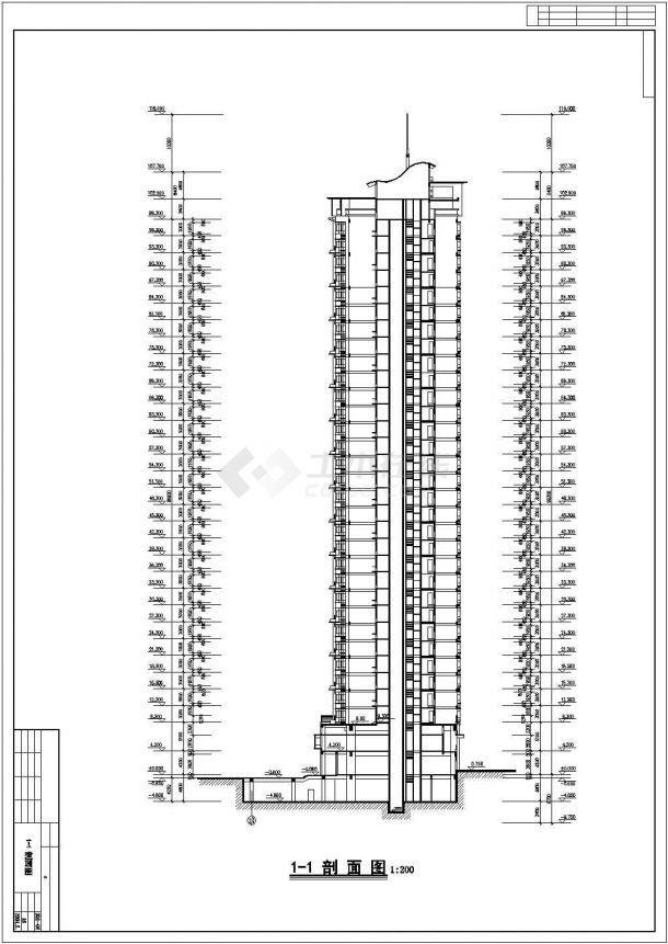 天津市某现代化小区32层剪力墙结构住宅楼立剖面设计CAD图纸-图一