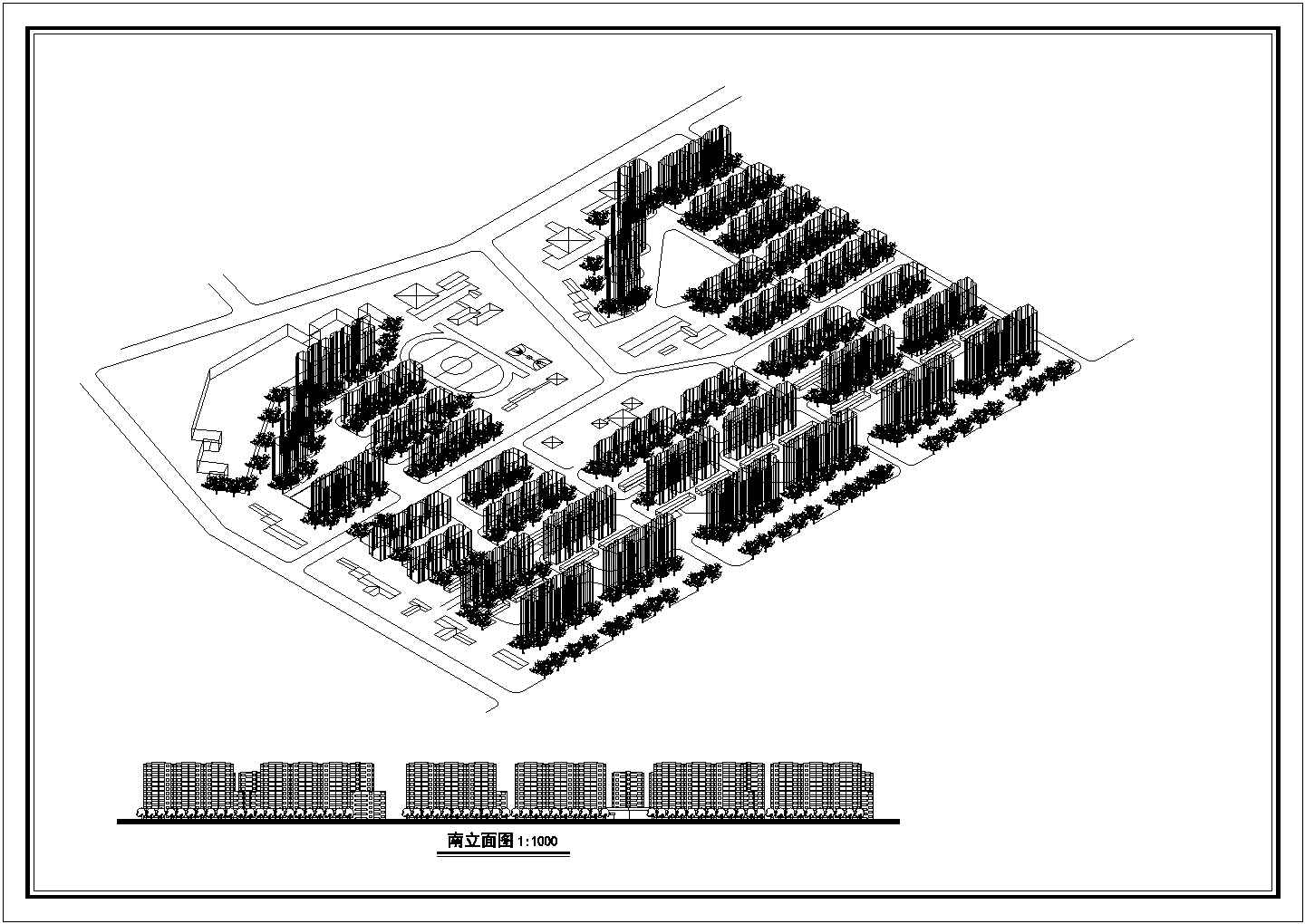 某居住小区规划设计鸟瞰图及南立面图