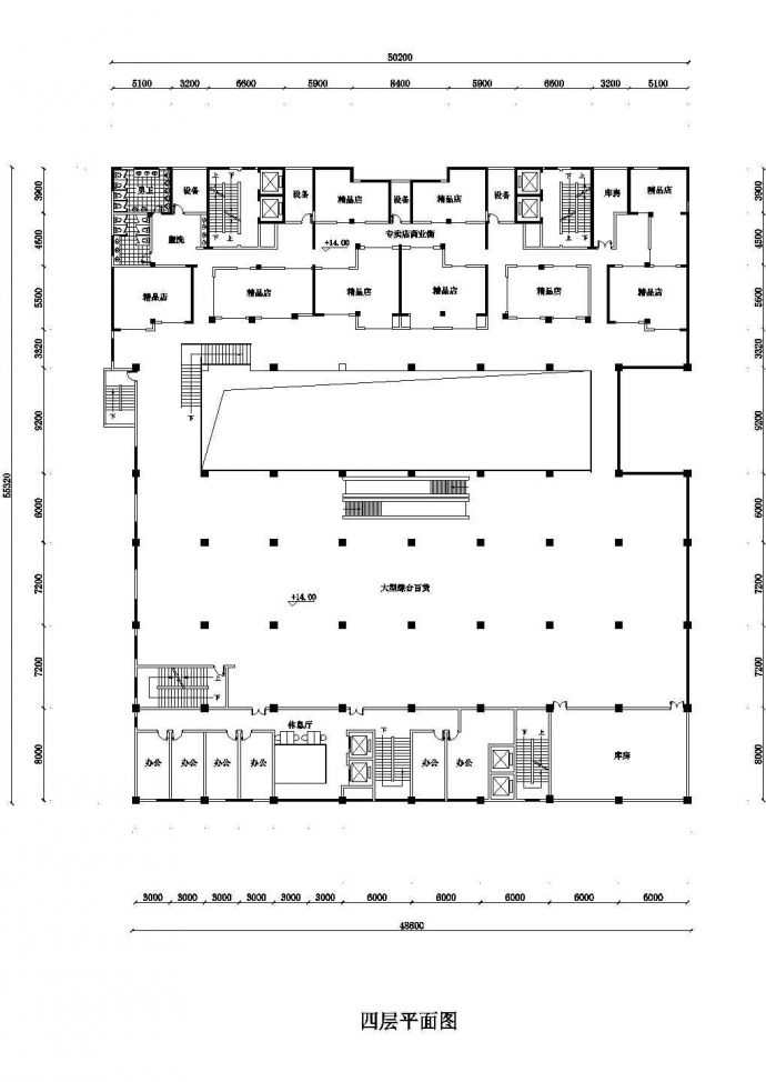 长沙市某商业街4层框架结构百货超市平面布置设计CAD图纸（含地下1层）_图1