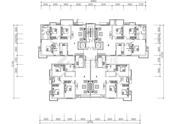 1楼梯2电梯4户cad设计图：3室2厅 高层住宅标准层方案-图一