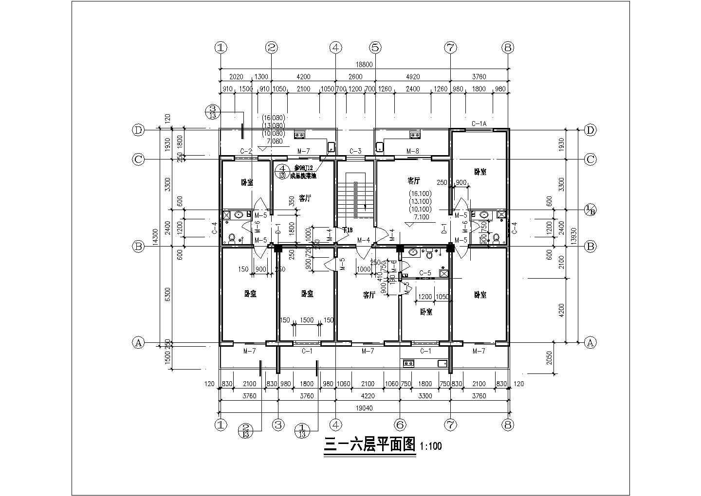 1400平米6层框混结构商住楼平面设计CAD图纸（底层门面商铺）
