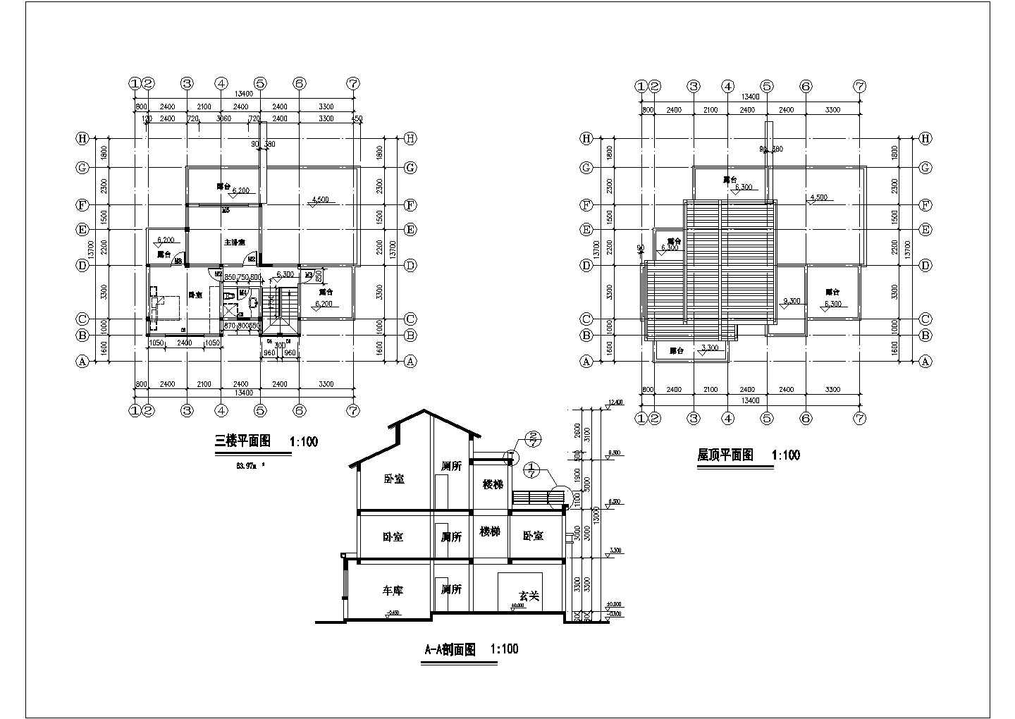 某三层框混结构中式古典风格别墅设计cad建筑方案图（甲级院设计）