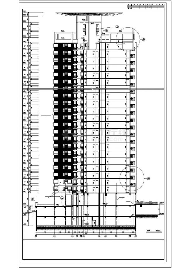 锦州市青年家园小区33层剪力墙结构公寓住宅楼立剖面设计CAD图纸-图一