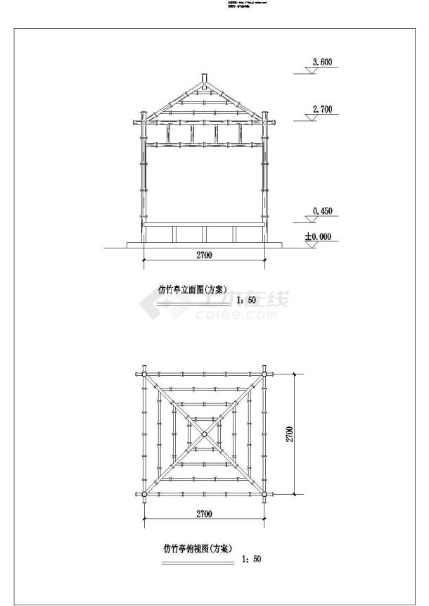 四角观水亭平立剖面设计图-图一