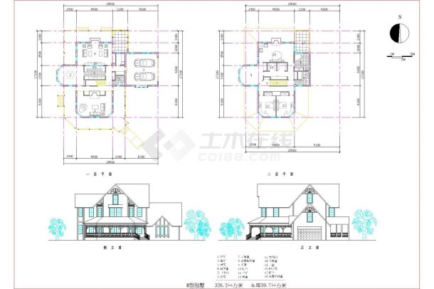 某二层砖混结构欧式风格别墅（建筑面积326.2平方米）设计cad建筑方案图（标注详细）-图一