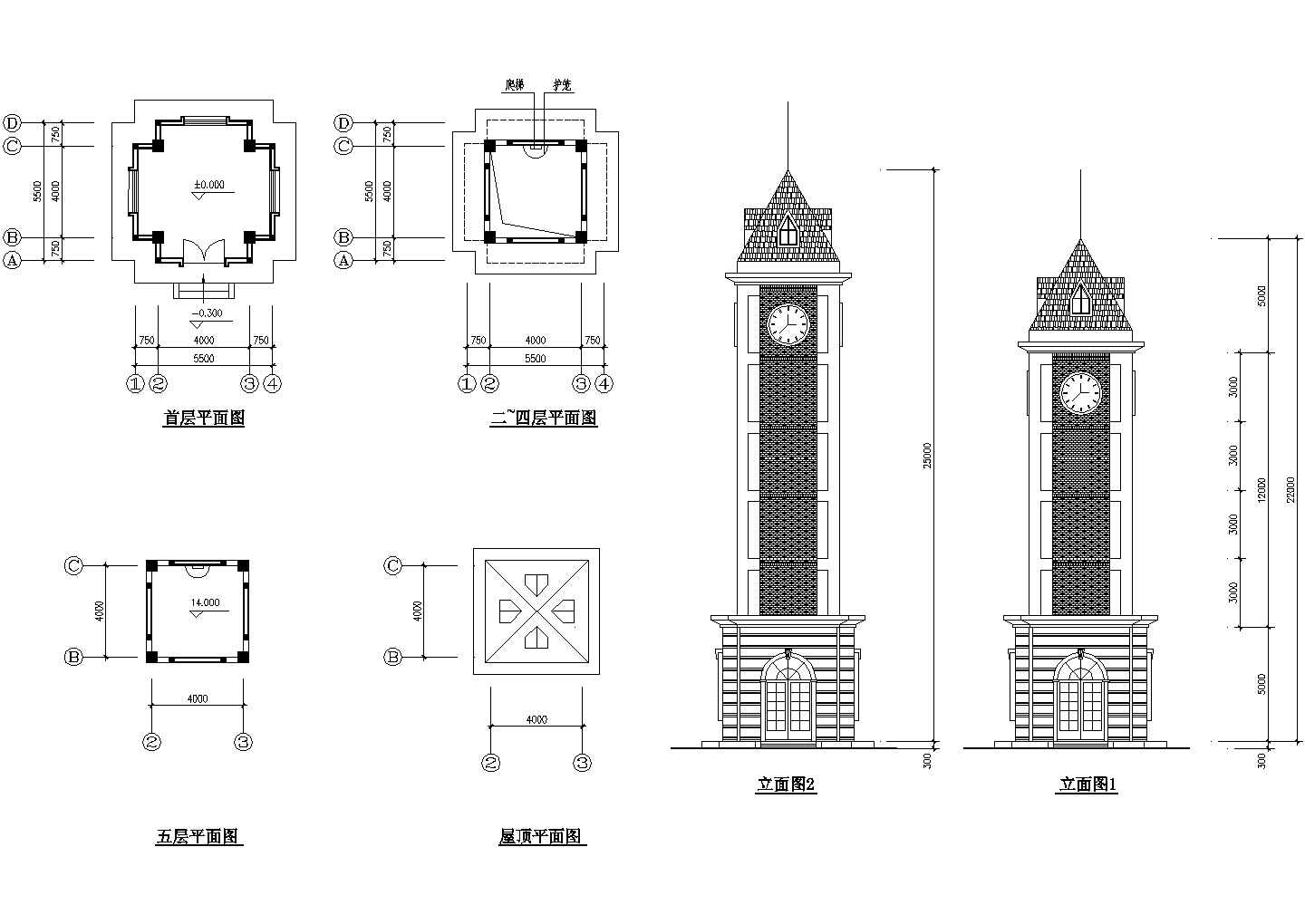 某地钟楼古建筑全套施工设计cad图（含二~四层平面图）