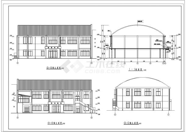 2层中学操场与食堂长35.12米宽25.64米设计cad图纸，共5张-图二