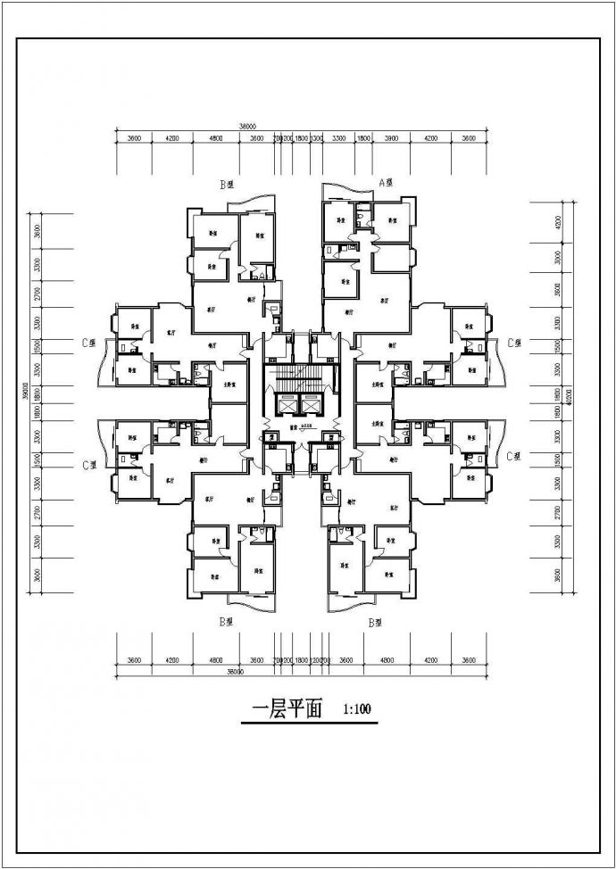 湖北某区域高层居民楼CAD平面布置参考图_图1