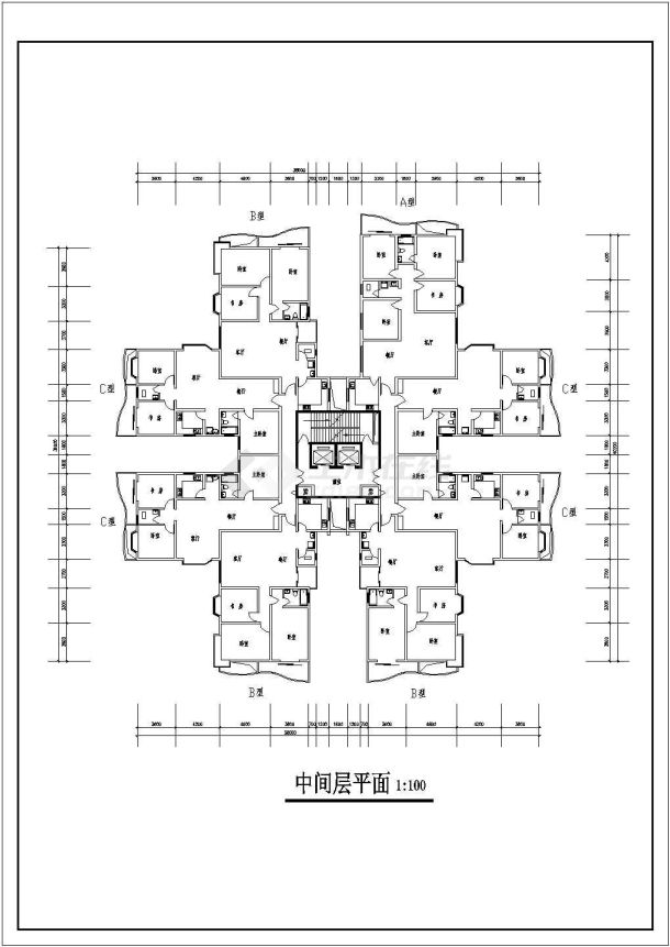 湖北某区域高层居民楼CAD平面布置参考图-图二