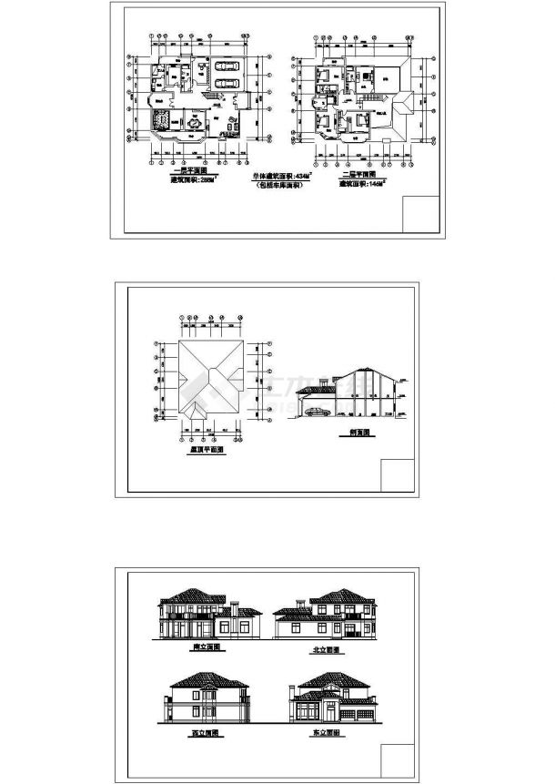 某二层框架结构单体小别墅（434㎡）设计cad全套建筑施工图（标注详细）-图一