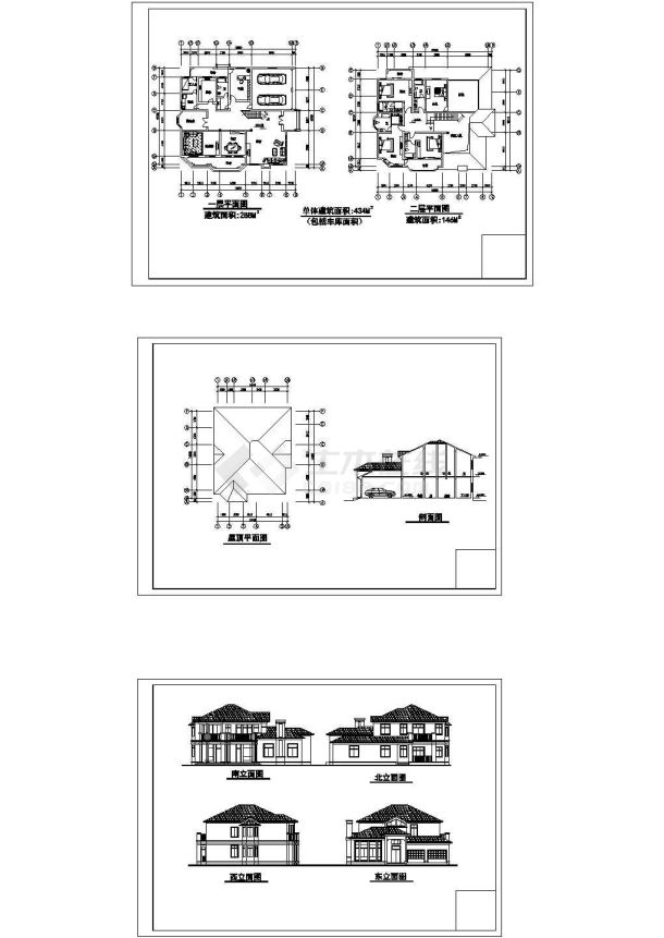 某二层框架结构单体小别墅（434㎡）设计cad全套建筑施工图（标注详细）-图二