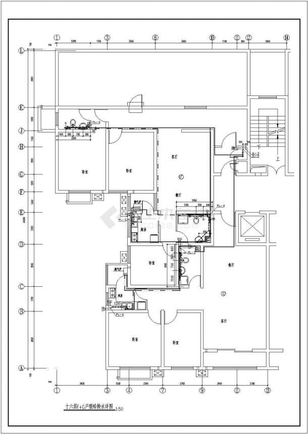 哈尔滨市兰色花园小区16层框架结构住宅楼给排水设计CAD图纸-图一