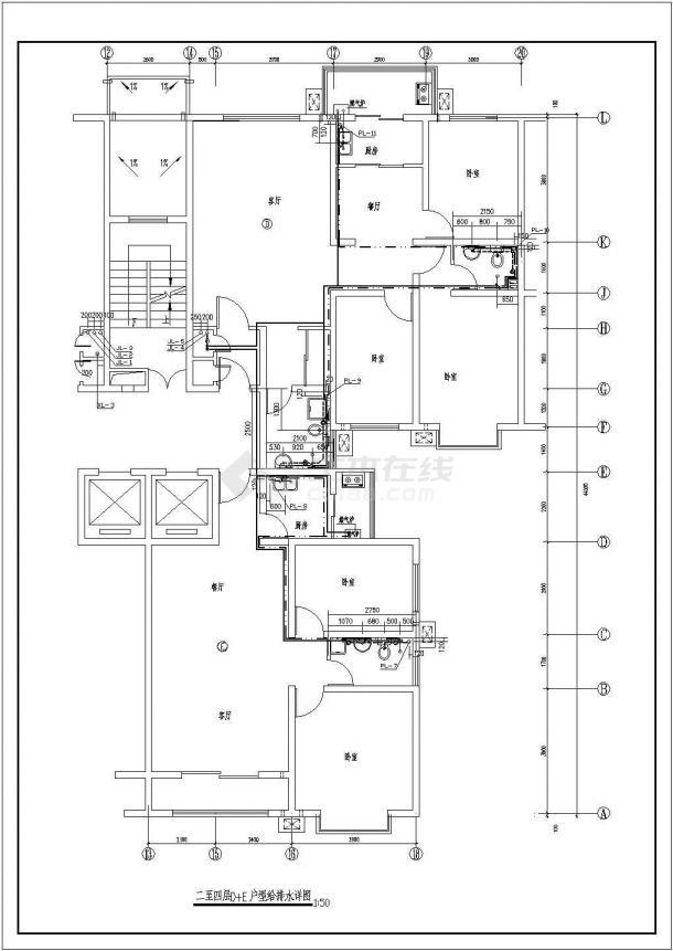 哈尔滨市兰色花园小区16层框架结构住宅楼给排水设计CAD图纸-图二