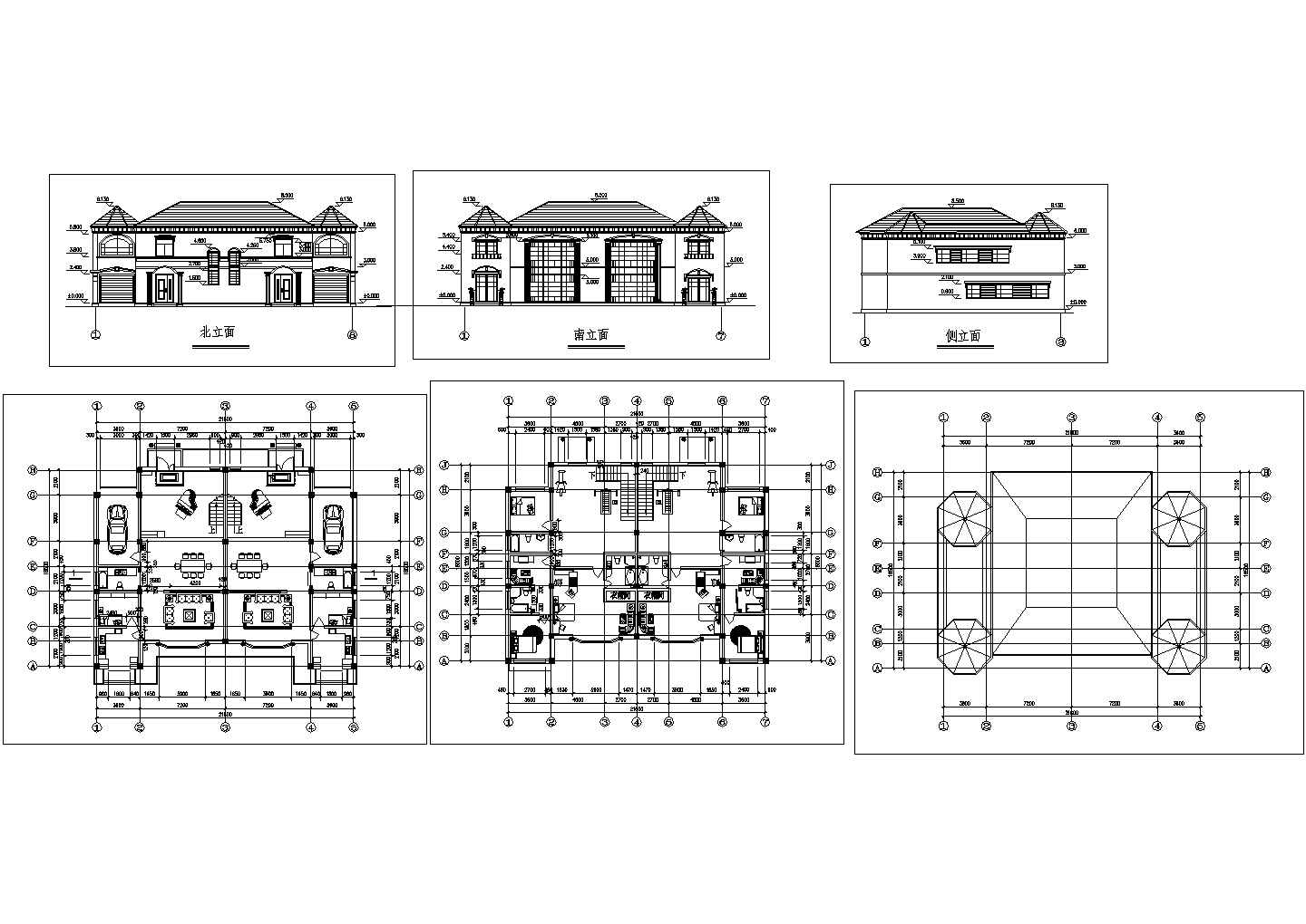 某二层框架结构欧美风格别墅设计cad建筑方案图（甲级院设计）