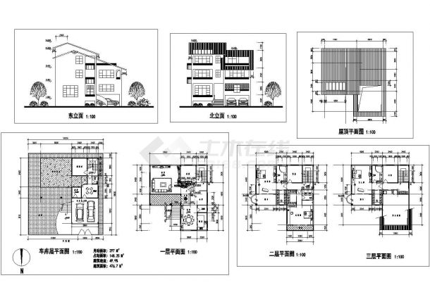 某三层带车库层框架结构新潮别墅（476.7㎡）设计cad建筑图（标注详细）-图一