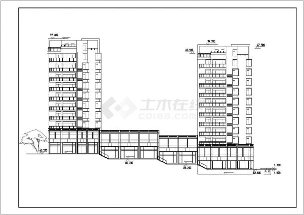 武汉市某小区11层框架结构商住楼建筑设计CAD图纸（1-2层商用）-图二