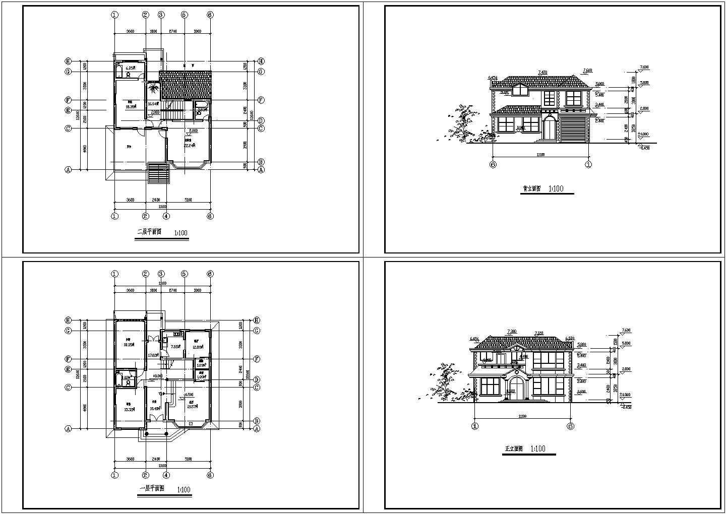 某二层砖混结构新古典风格乡村别墅设计cad建筑方案图（标注详细）