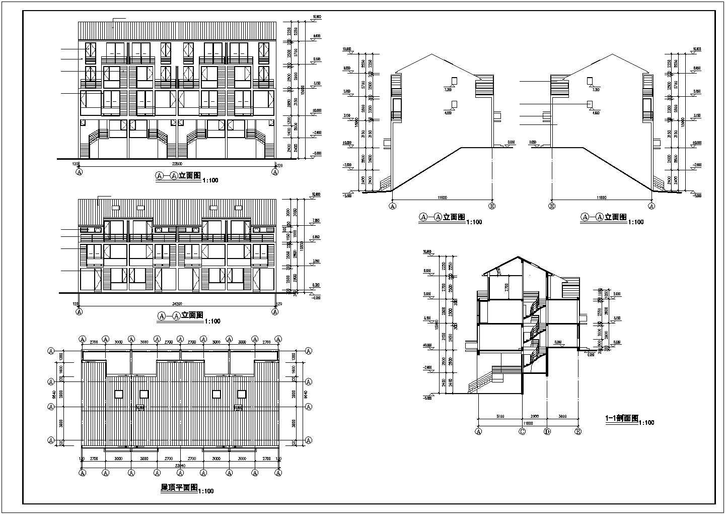 3+1夹层+1车库层4户联排住宅建筑设计图