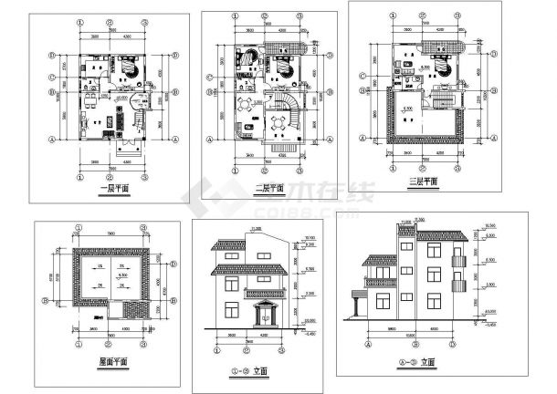 某三层框架结构度假别墅设计cad建筑方案图（标注详细）-图一
