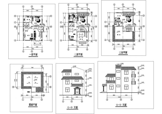 某三层框架结构度假别墅设计cad建筑方案图（标注详细）_图1