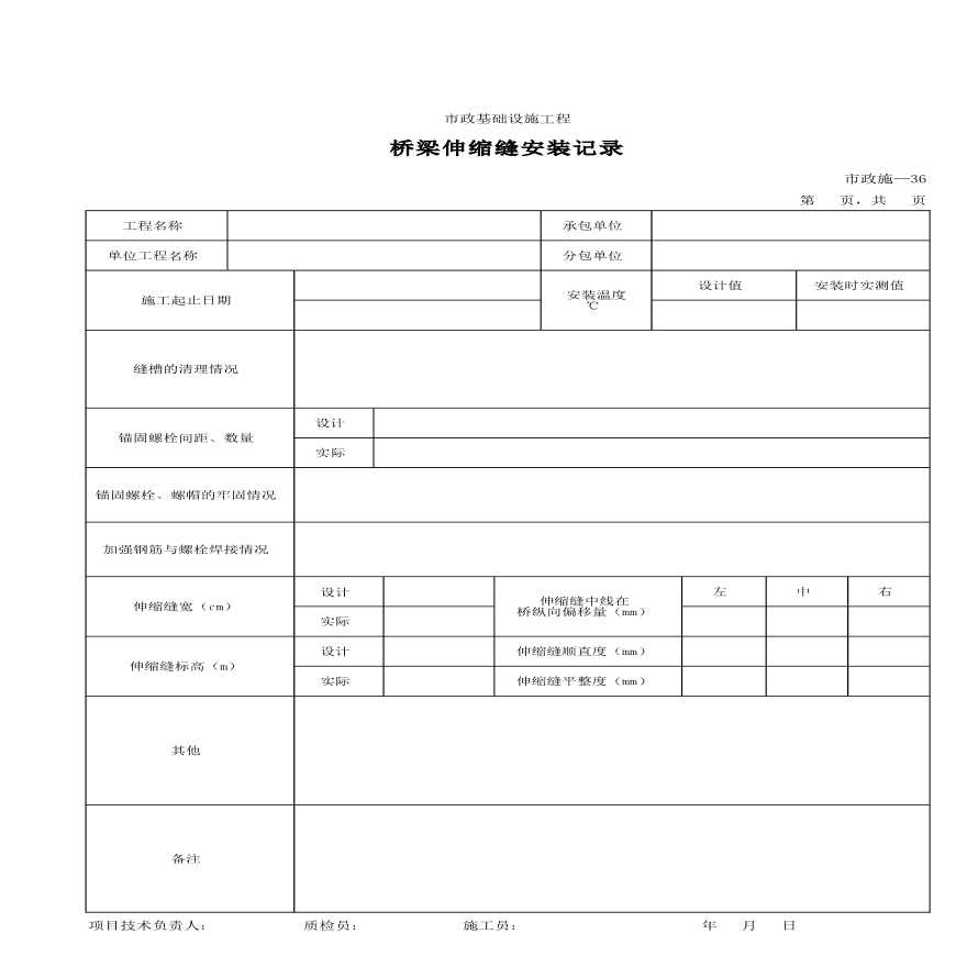 市政基础设施工程桥梁伸缩缝安装记录