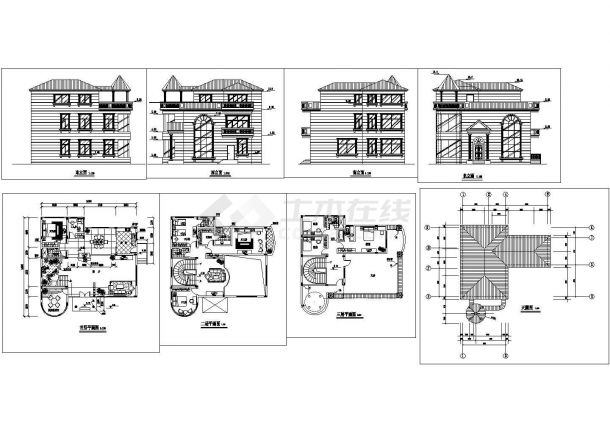 某三层砖混结构新农村别墅设计cad建筑方案图（标注详细）-图一