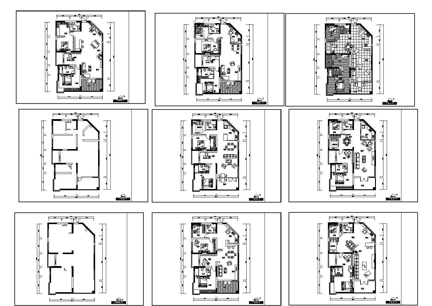某地区多套样板楼住宅建筑户型平面方案设计施工CAD图纸