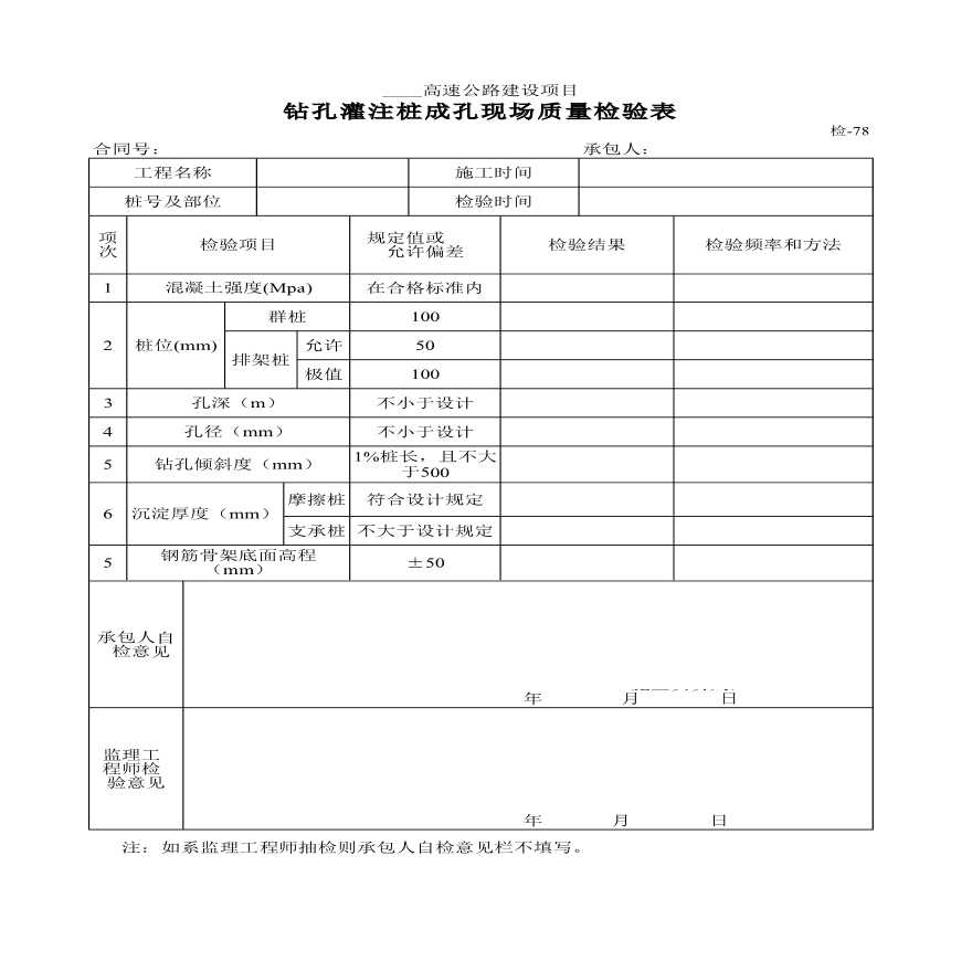 高速公路建设项目钻孔灌注桩成孔现场质量检验表-图一