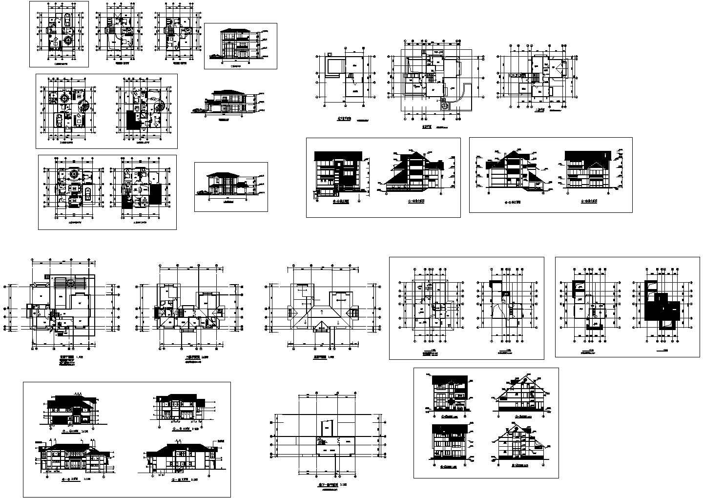 某三层框架结构私人别墅设计cad全套建施图纸（含4套别墅设计）
