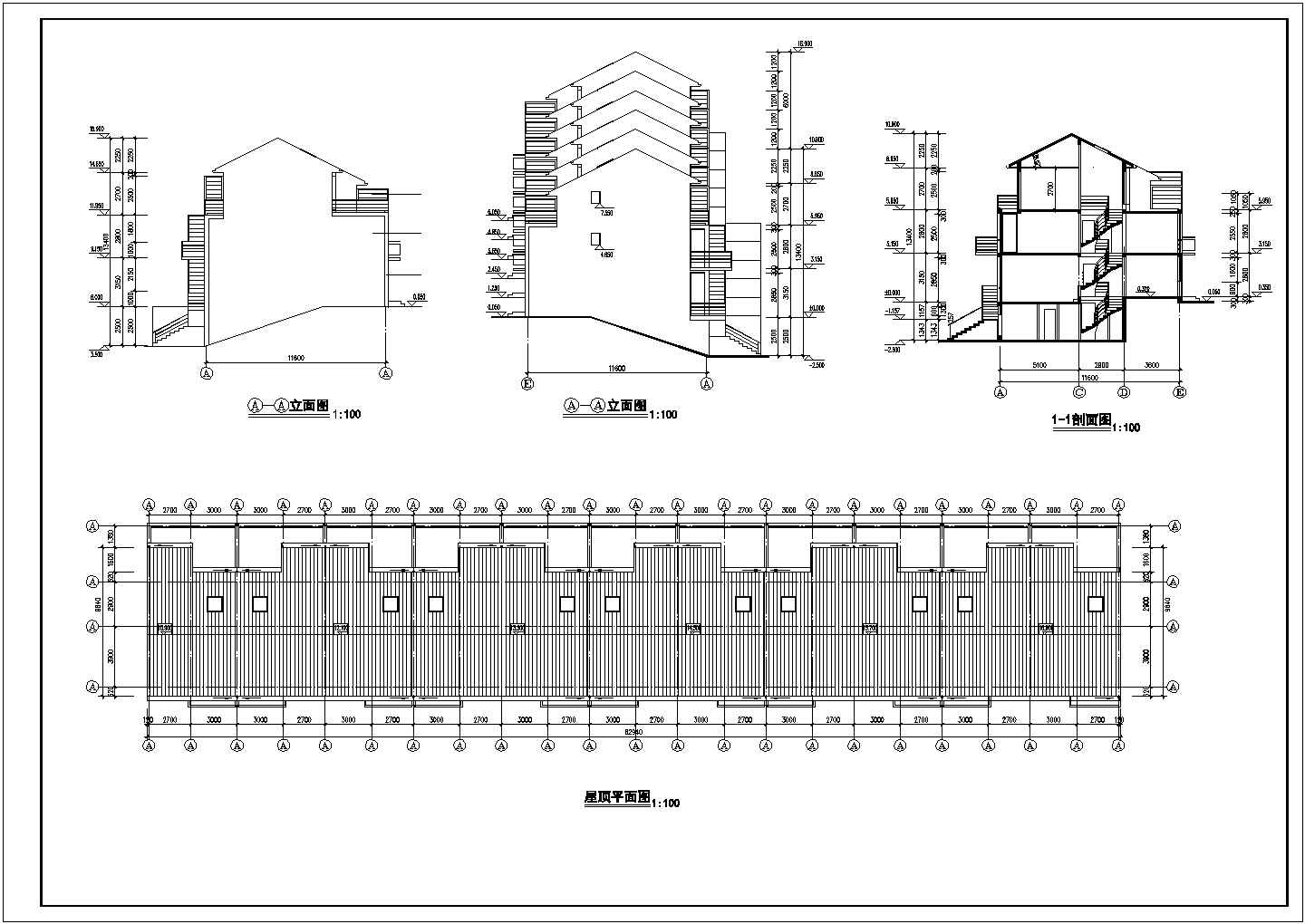 3层框架结构11户并联式斜坡住宅楼建筑设计CAD图纸