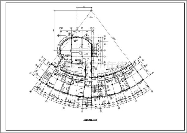 1800平米3层扇形框架结构活动会所建筑设计CAD图纸-图二