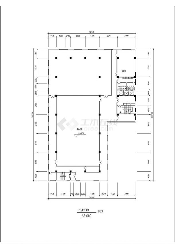 某地下一层地上十七层框剪结构大型商场设计cad建筑平面方案图（标注详细）-图一