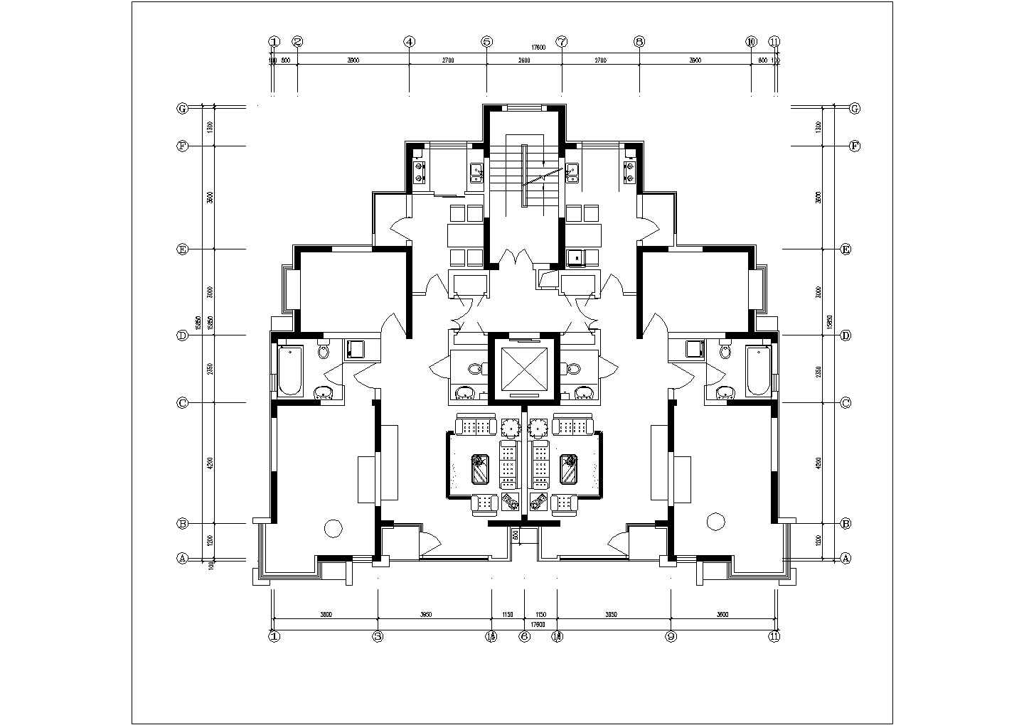 大同市某小区三栋高层住宅楼标准层设计CAD图纸（1层2户）