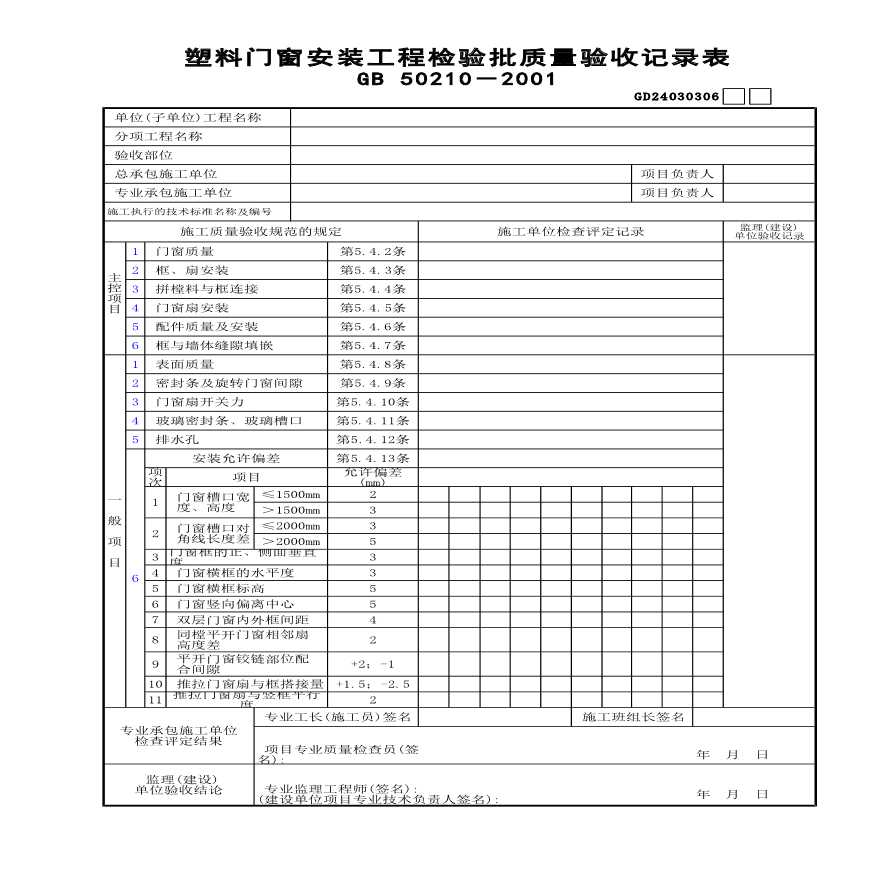 某塑料门窗安装工程检验批质量验收记录表