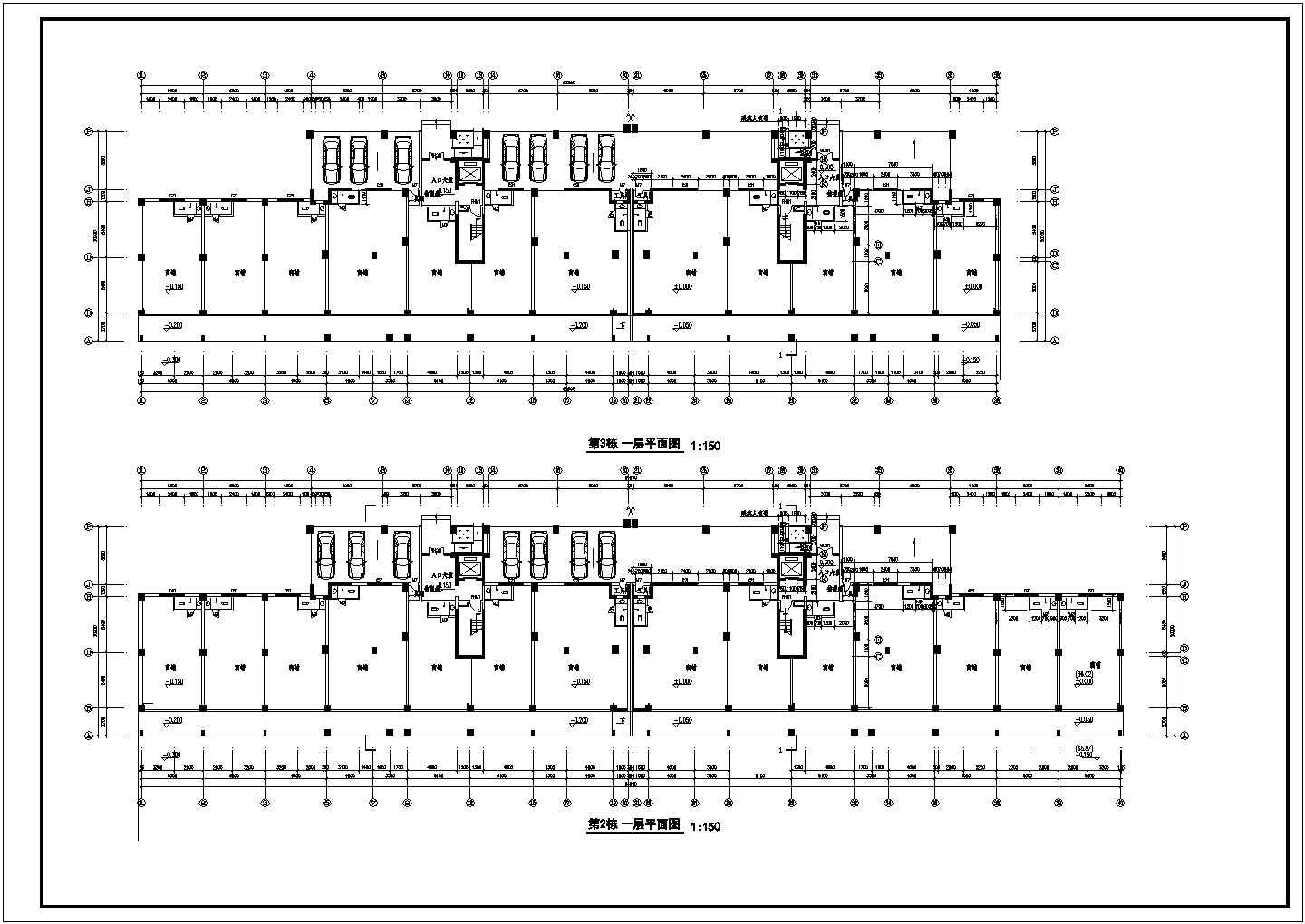 临街2层框混结构商住楼平面设计CAD图纸（底层商铺/2套方案）